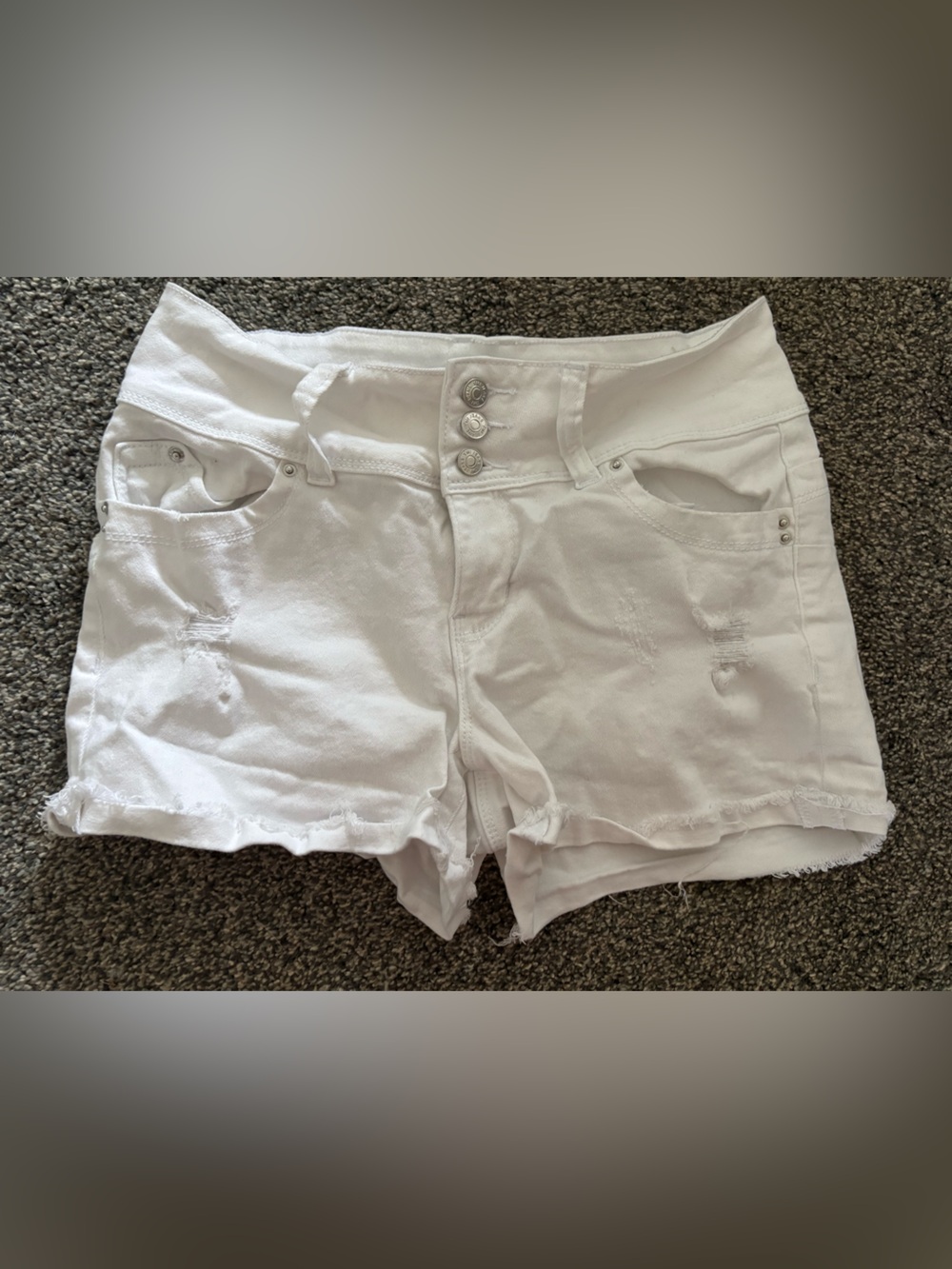 YMI White Distressed Triple-Button Jean Shorts